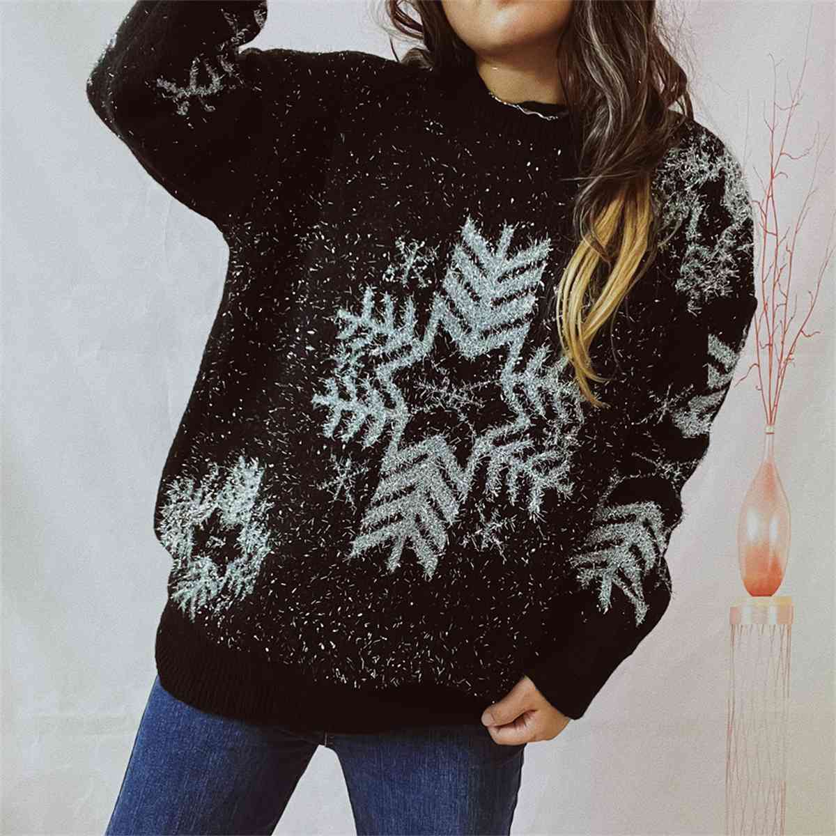 Snowflake Pattern Long Sleeve Sweater - Deals DejaVu