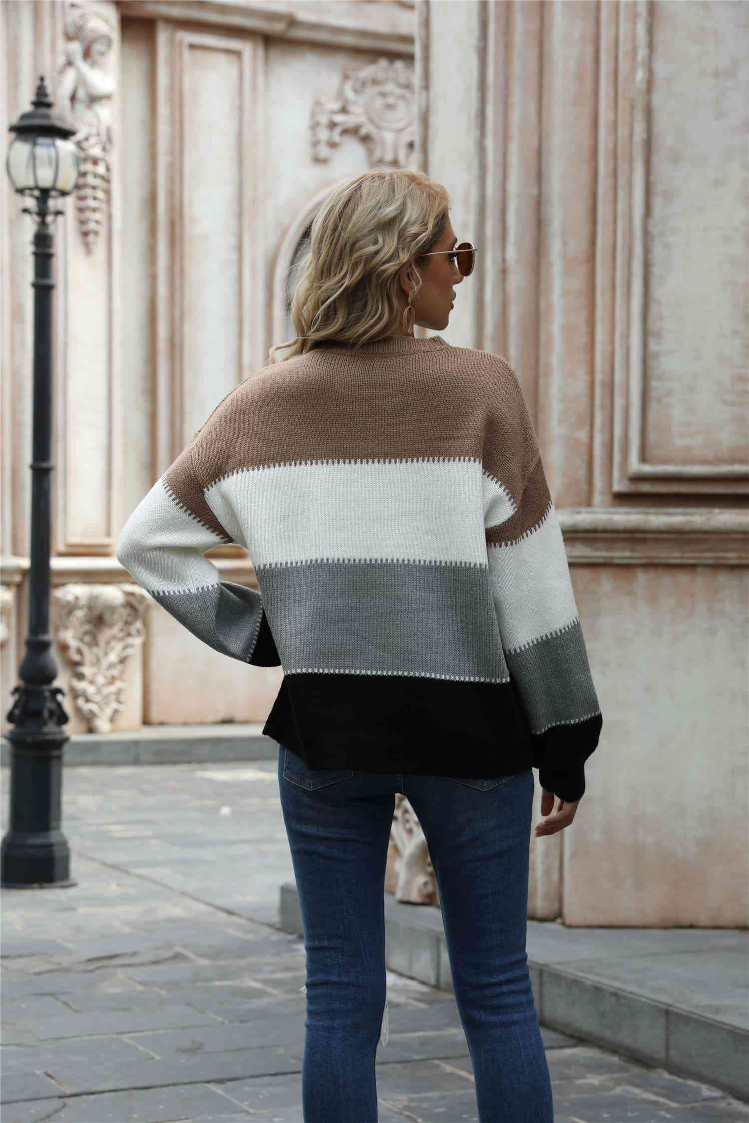 Color Block Round Neck Sweater - Deals DejaVu