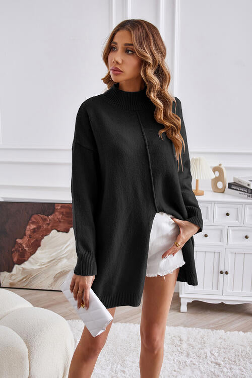 Exposed Seam Mock Neck Slit Sweater - Deals DejaVu