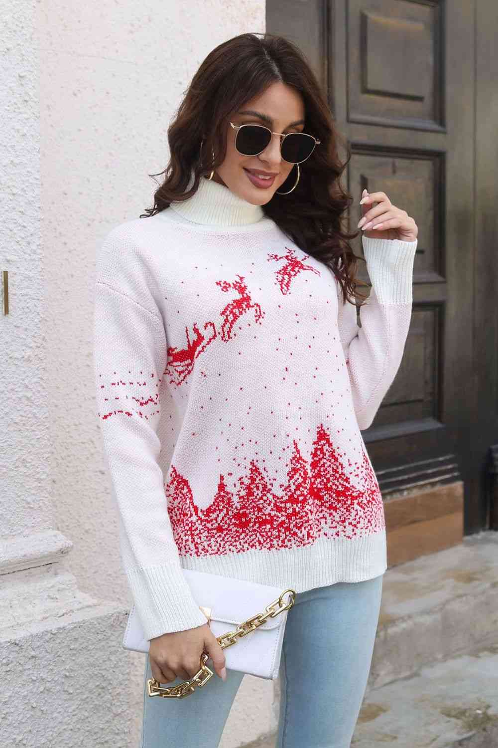 Reindeer & Snow Pattern Turtle Neck Pullover Sweater - Deals DejaVu