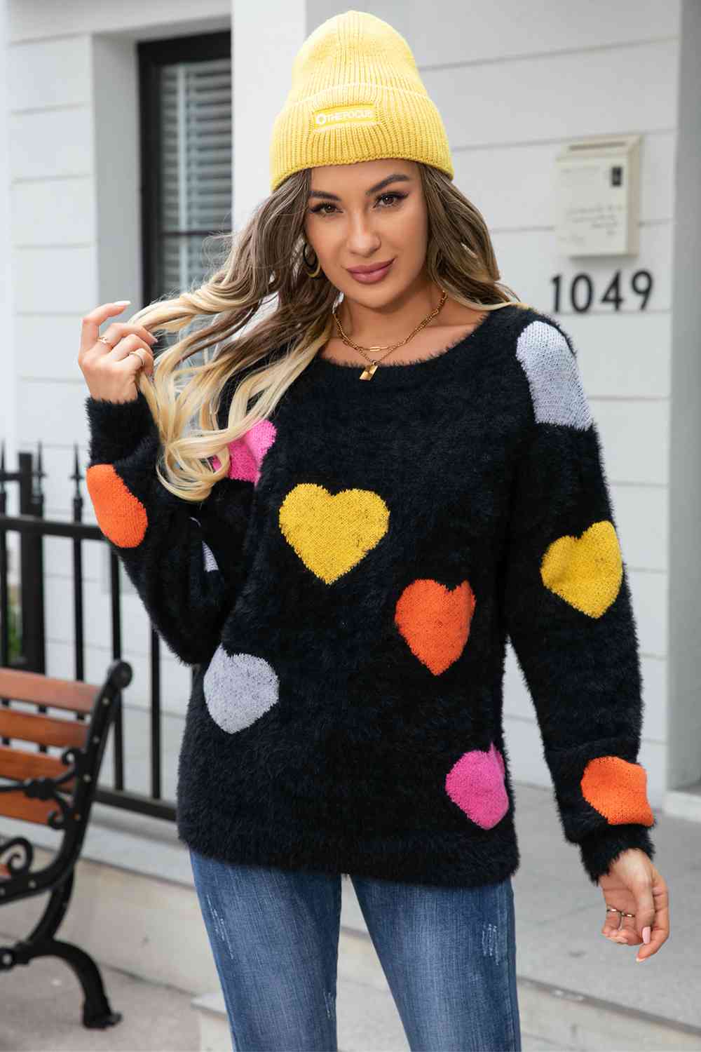 Heart Pattern Round Neck Long Sleeve Sweater - Deals DejaVu