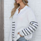 Ribbed Notched Neck Striped Long Sleeve Sweater - Deals DejaVu