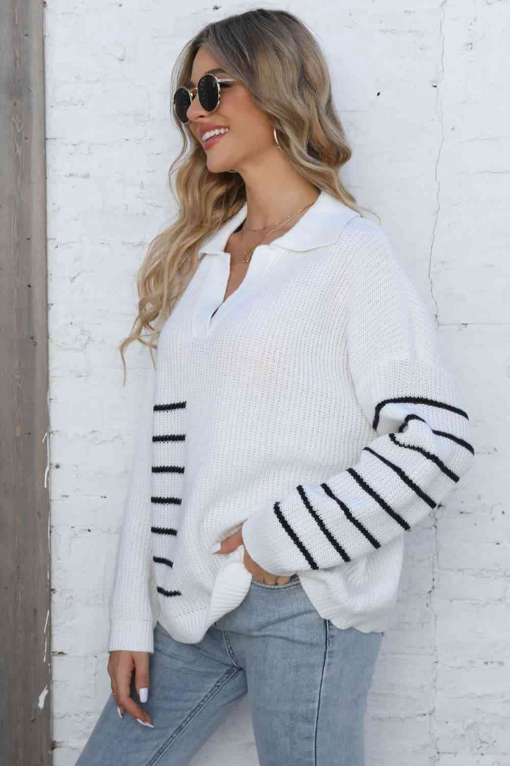 Ribbed Notched Neck Striped Long Sleeve Sweater - Deals DejaVu