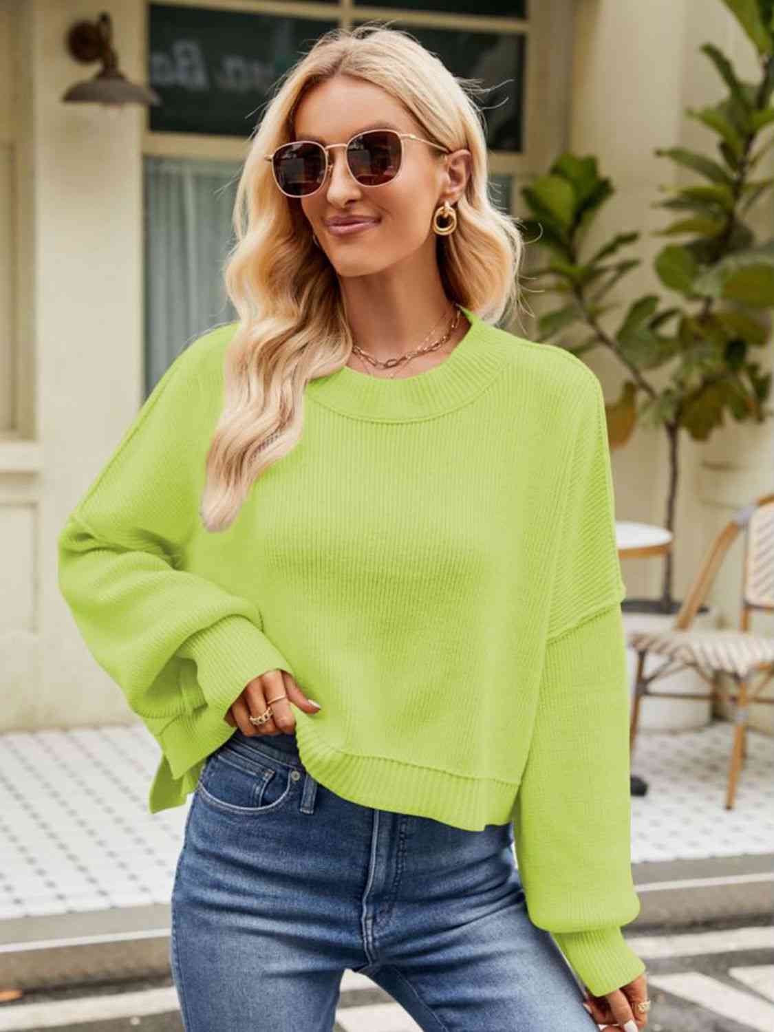 Round Neck Dropped Shoulder Sweater - Deals DejaVu