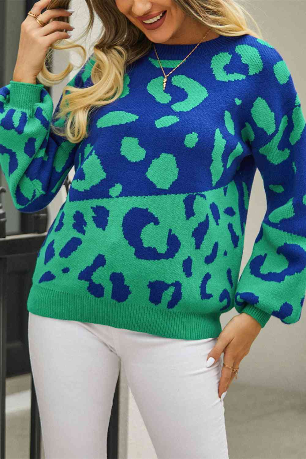 Woven Right Leopard Round Neck Dropped Shoulder Sweater - Deals DejaVu