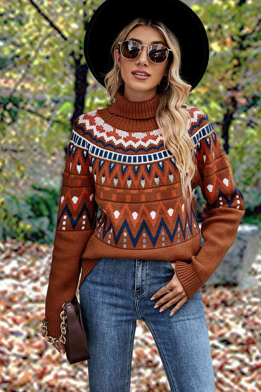 Geometric Turtleneck Long Sleeve Sweater - Deals DejaVu