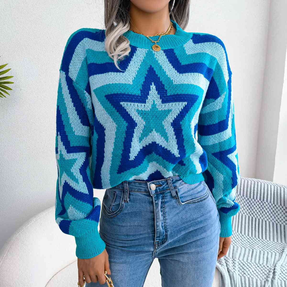 Star Round Neck Sweater - Deals DejaVu