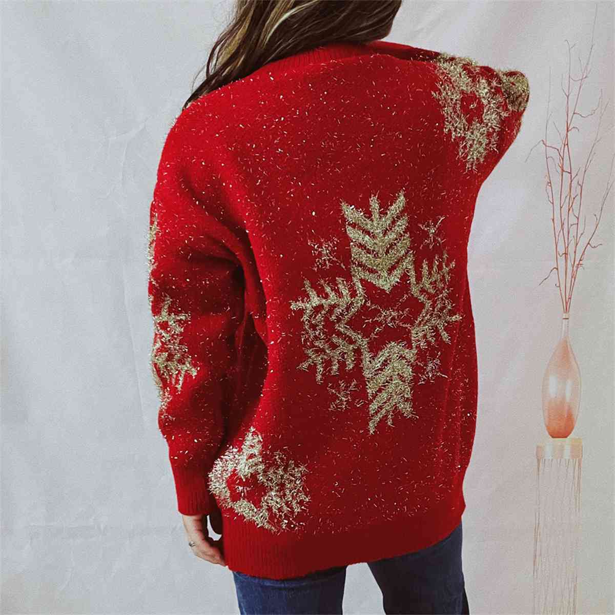 Snowflake Pattern Long Sleeve Sweater - Deals DejaVu