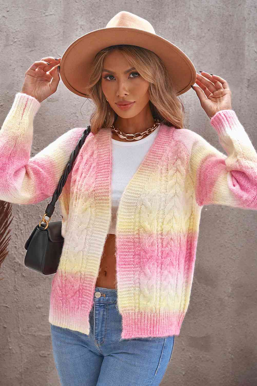 Woven Right Tie-Dye Cable-Knit Raglan Sleeve Open Front Cardigan