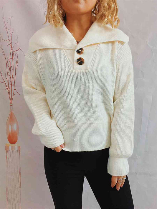 Statement Collar Half Button Sweater - Deals DejaVu