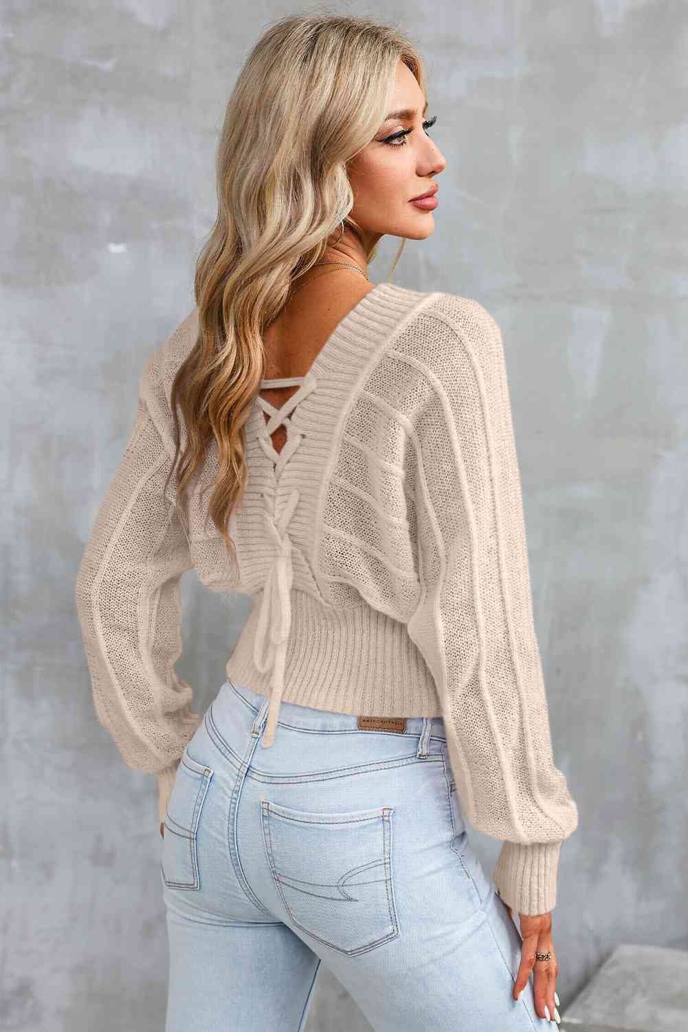 Surplice Neck Lace-Up Sweater - Deals DejaVu