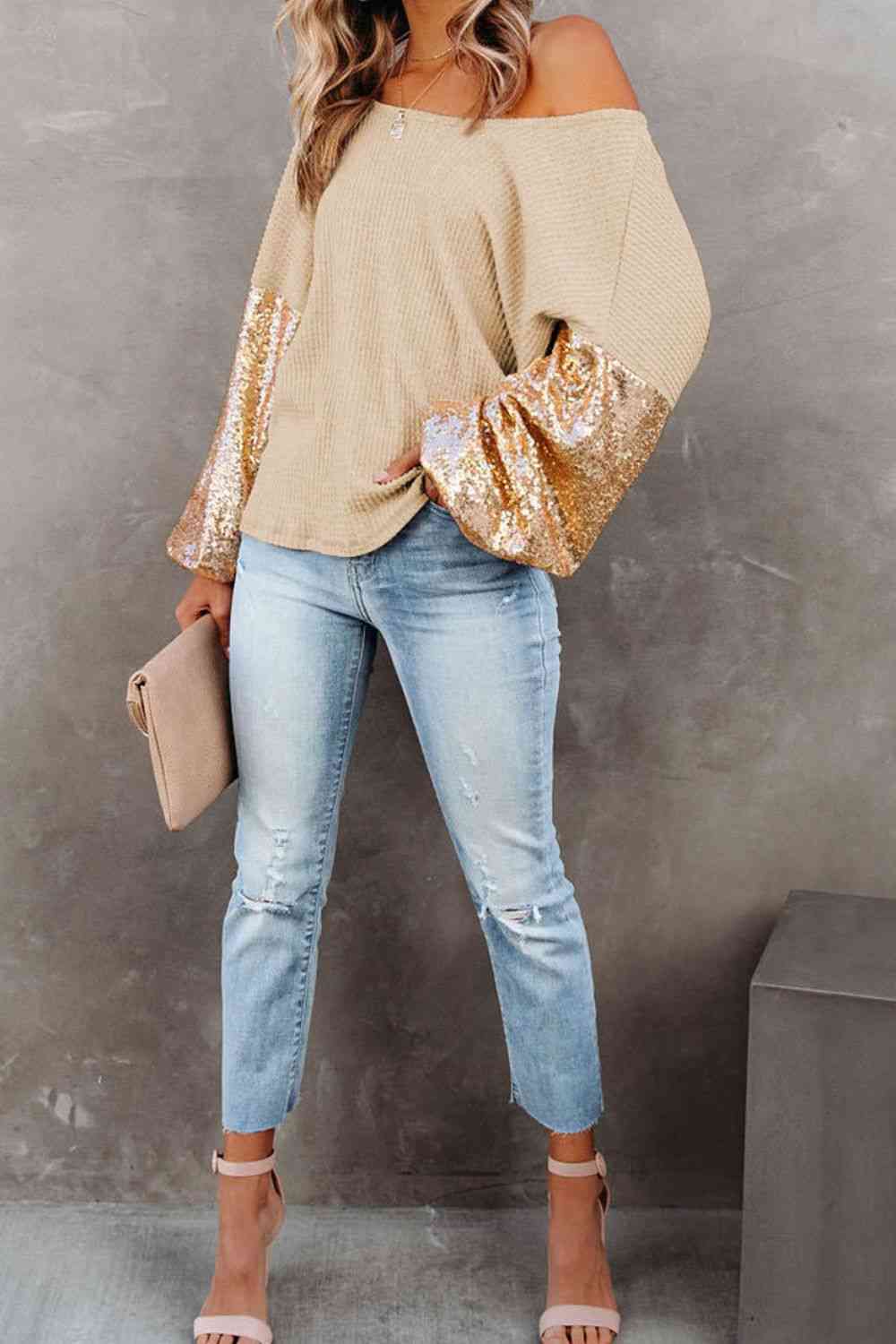 Sequin Waffle-Knit Blouse (BFD) T - Deals DejaVu