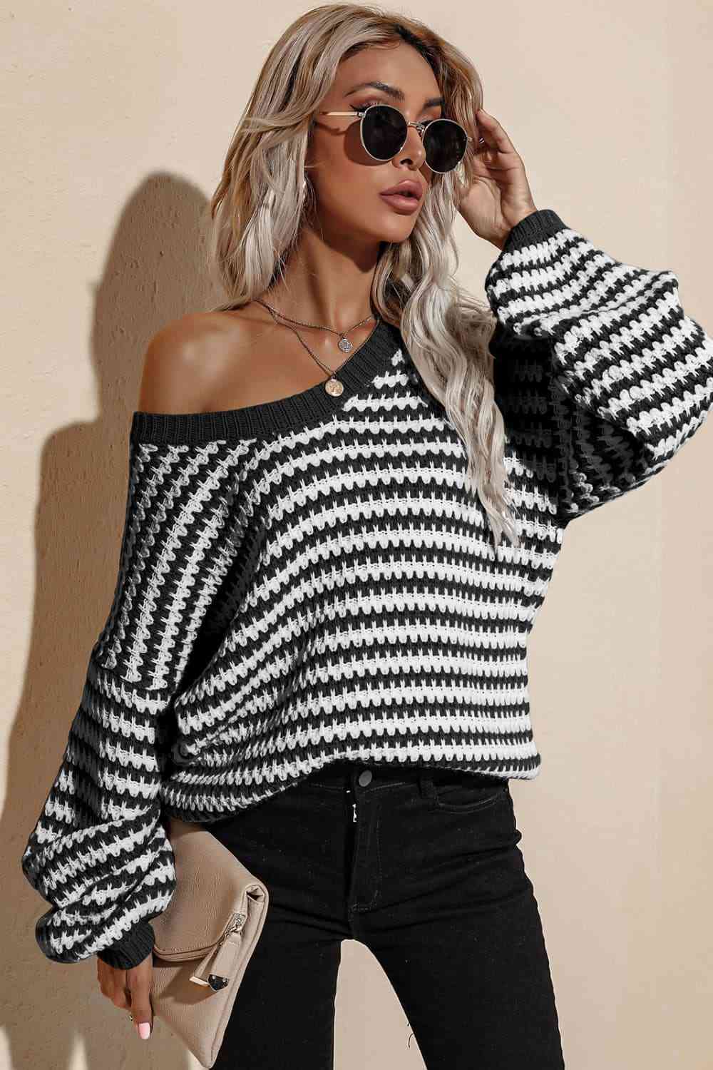 Striped Dropped Shoulder Sweater - Deals DejaVu