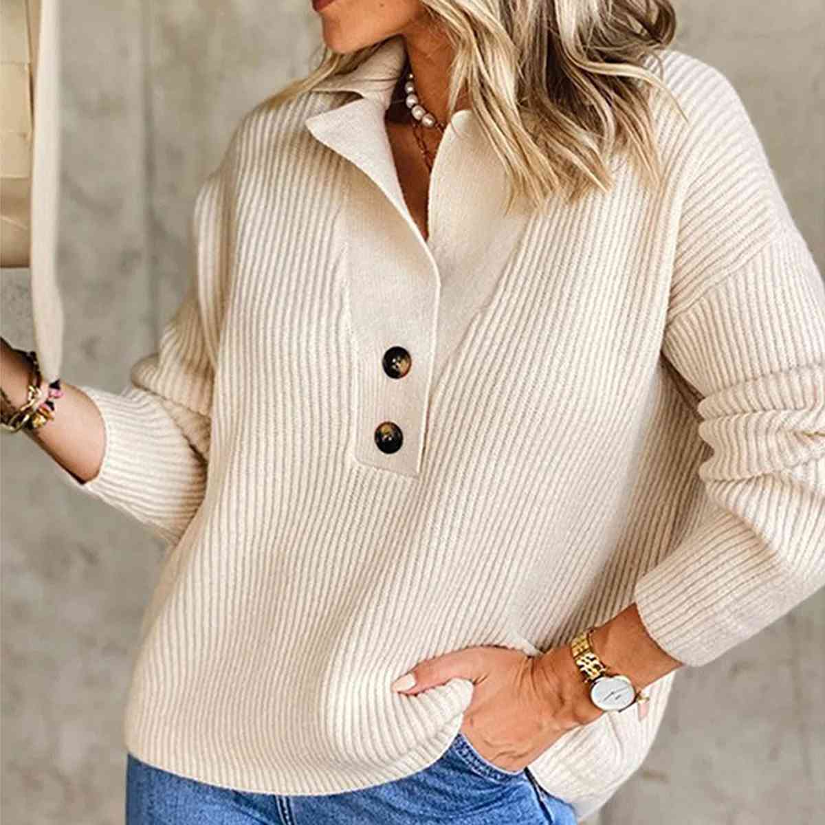 Collared Neck Rib-Knit Top - Deals DejaVu