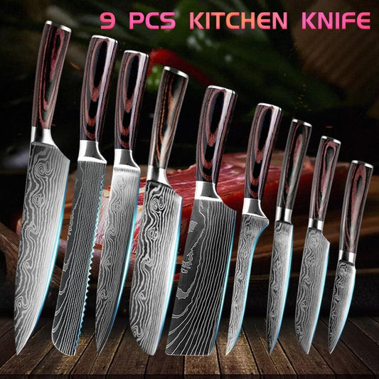9pcs/set Kitchen Knife Set Damascus Laser Pattern Stainless Steel Japanese Knives (AK5)(1U61)