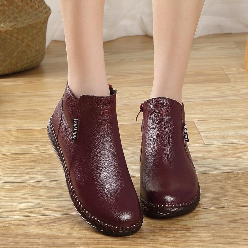 Women's Winter Boots - Plus Velvet Genuine Leather Shoes - Zip Women Warm Ankle Boots (FS)(BB1)
