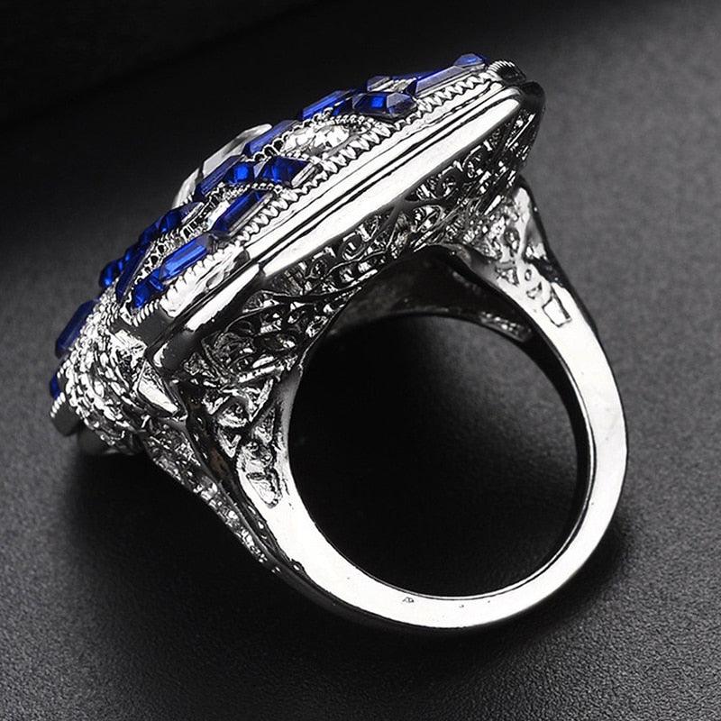 Luxury Blue Crystal Cubic Zirconia Band Rings - Women Silver Color Princess Love Ring - Jewelry Gift (2U81)