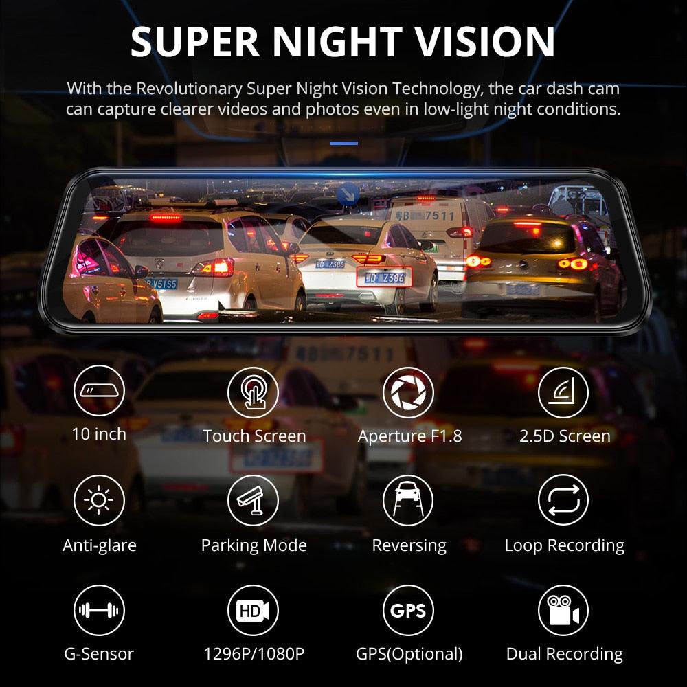 10" Mirror Dash Cam Streaming Media Full-Screen Touching Panel Dual Lens Night Vision 1080P Front 720P Rear Car DVR (CT3)(1U60)