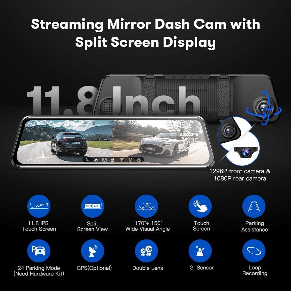 Car DVR PG17 11.8" Mirror Dash Cam Streaming Media Full-Screen Touching Dual Lens Night Vision 1296P Front 1080 Backup (CT3)(1U60)