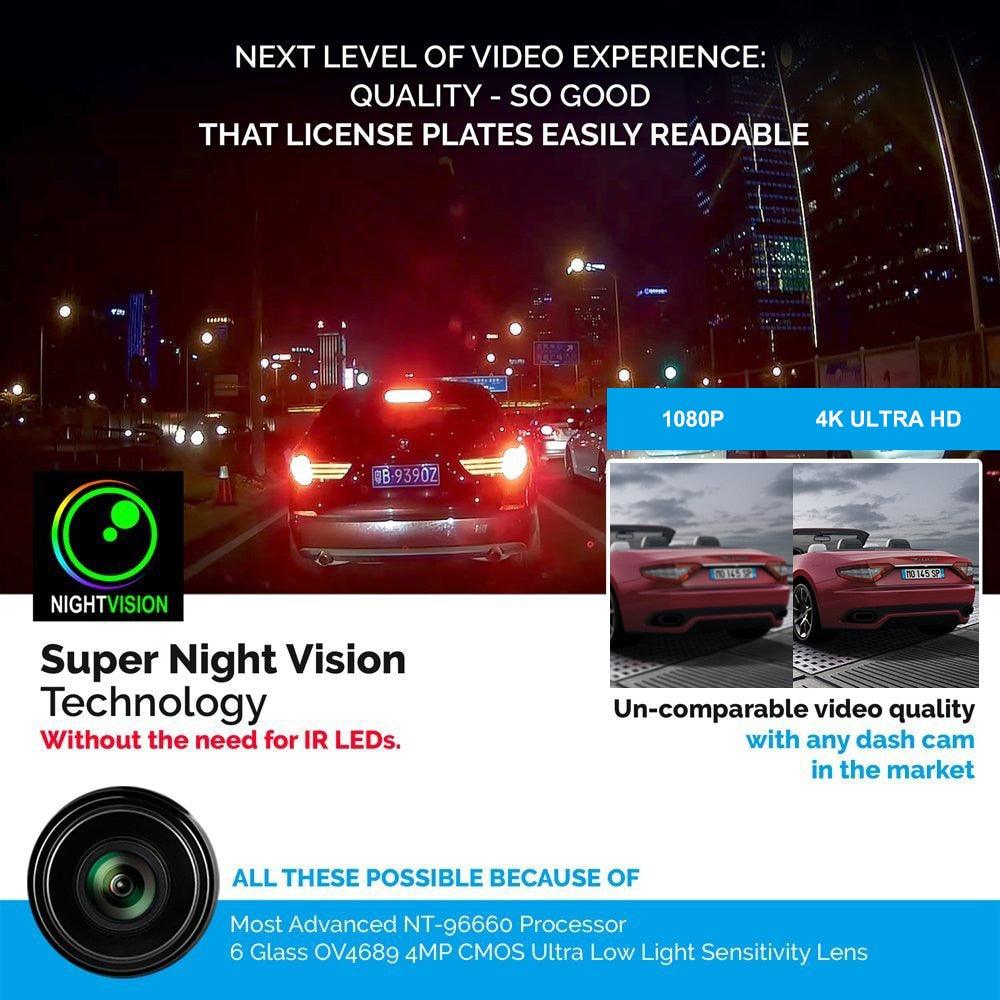Dash Cam Dual Lens 4K UHD Recording Car Camera DVR Night Vision WDR Built-In GPS Wi-Fi G-Sensor Motion Detection (CT4)(1U60)