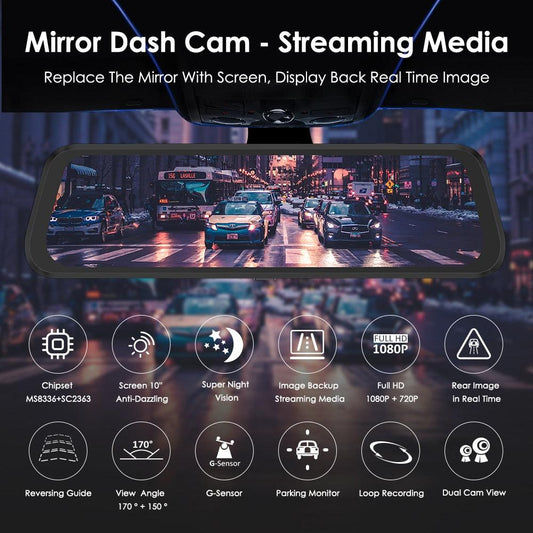 Night Vision Car Dvr Camera Rearview 10" Streaming Media Mirror Video Recorder Camcorder Dash Cam FHD 1080P dual lens (CT3)(1U60)