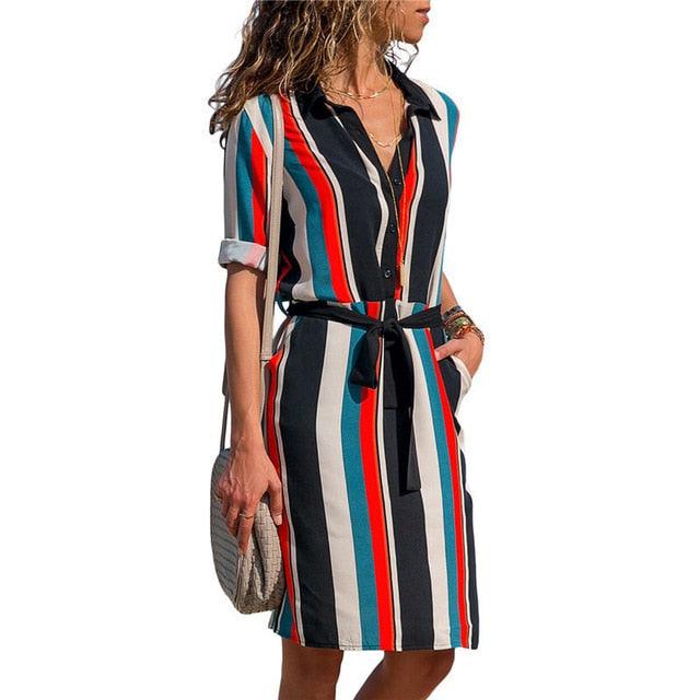 Trending Long Sleeve Shirt Dress - Summer Boho Beach Dresses - Women Casual Striped Print A-line Mini Party Dress (WS06)