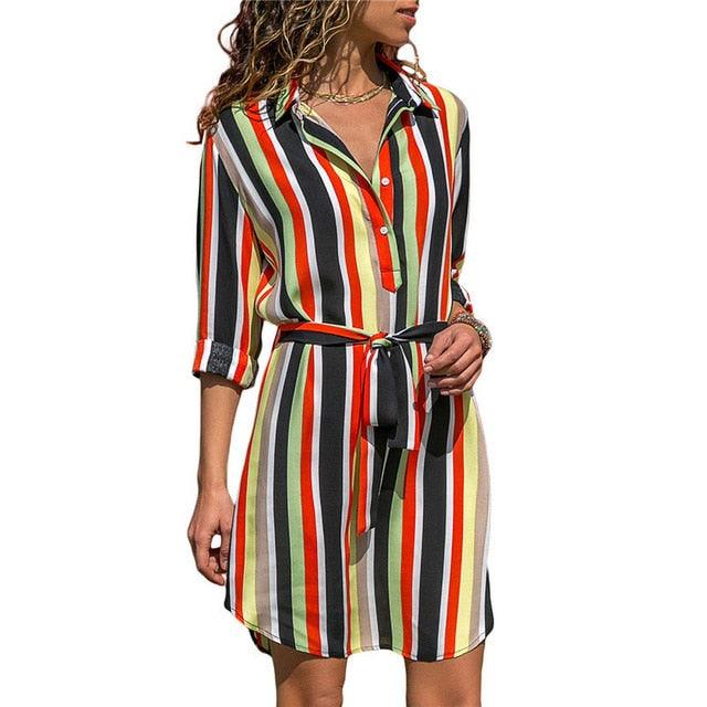 Trending Long Sleeve Shirt Dress - Summer Boho Beach Dresses - Women Casual Striped Print A-line Mini Party Dress (WS06)