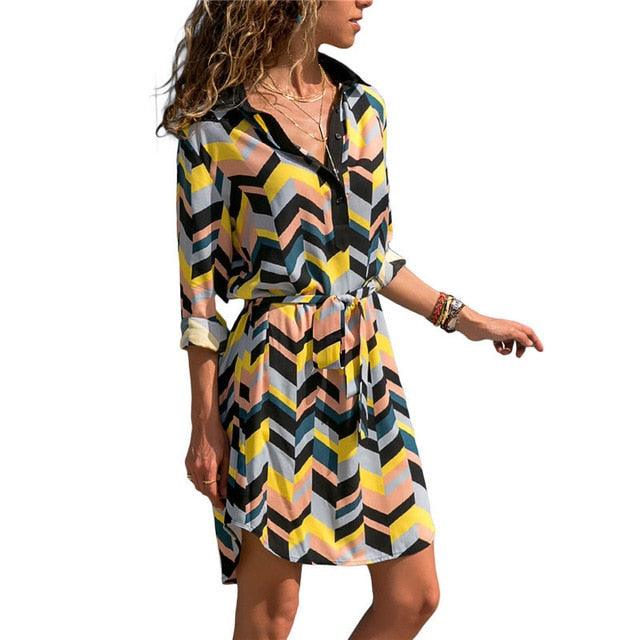 Trending Long Sleeve Shirt Dress - Summer Boho Beach Dresses - Women Casual Striped Print A-line Mini Party Dress (WS06)