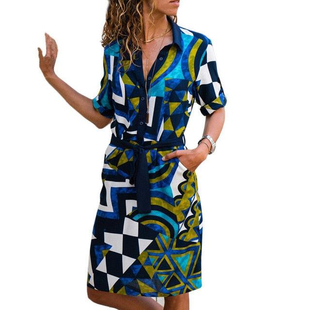 Trending Long Sleeve Shirt Dress - Summer Boho Beach Dresses - Women Casual Striped Print A-line Mini Party Dress (WS06)