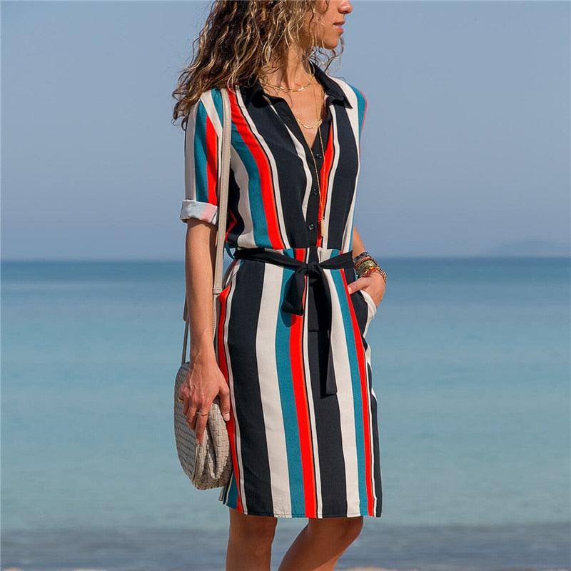 Trending Long Sleeve Shirt Dress - Summer Boho Beach Dresses - Women Casual Striped Print A-line Mini Party Dress (WS06)