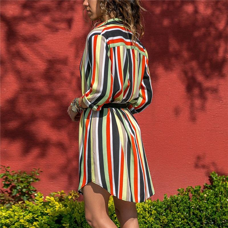 Trending Long Sleeve Shirt Dress - Summer Boho Beach Dresses - Women Casual Striped Print A-line Mini Party Dress (WS06)