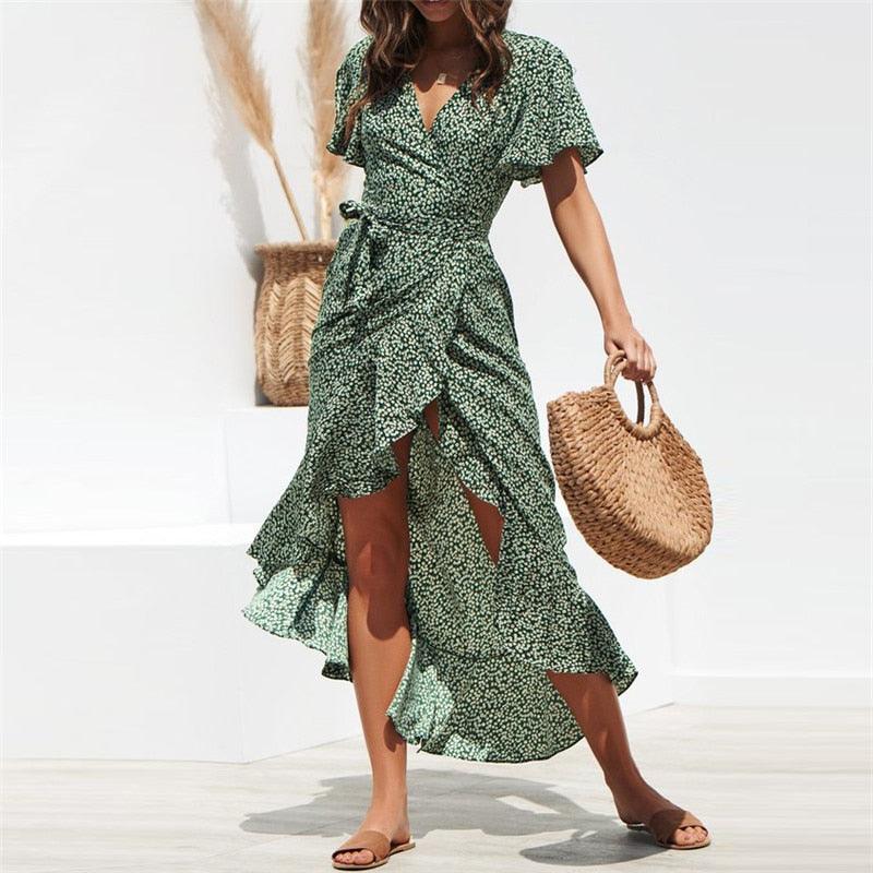 Beautiful Long Wrap Dress - Summer Style Floral Print Maxi Beach Dress - Sexy Side Split Party Dress (WS06)(F18)