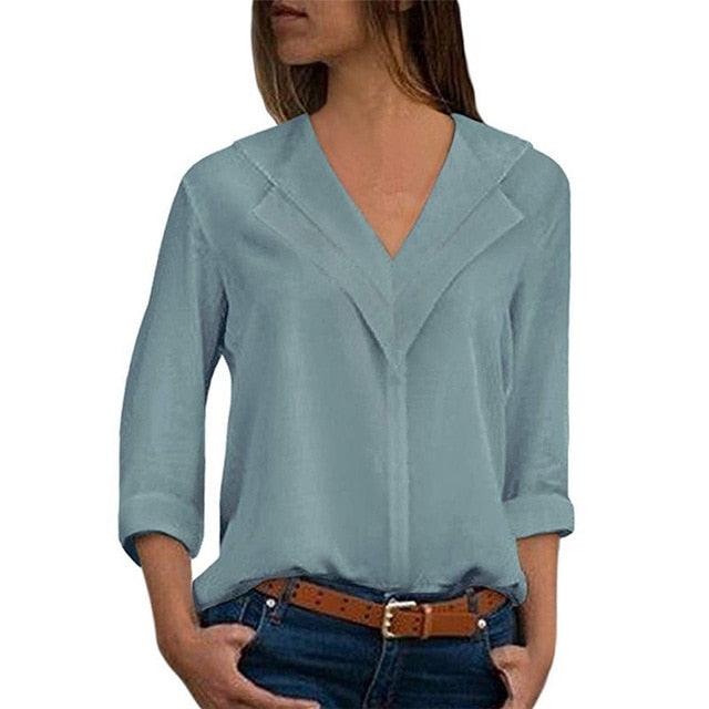 Gorgeous Blouse - Long Sleeve Double V-neck Women Tops -Solid Office Shirt (TB1)
