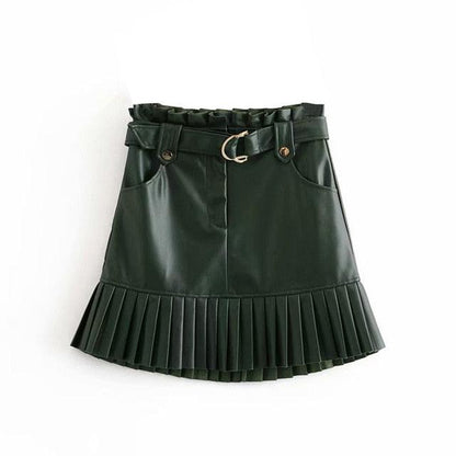 Women's Chic PU Leather Pleated Skirt - Ruffles Tie Belt Waist Pocket Skirt (BSK)(F22)