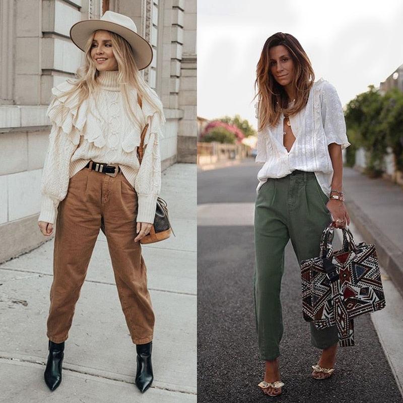 Women Streetwear Pleated Jeans - High Waist Loose Jeans - Pockets Pants (D21)(TB6)