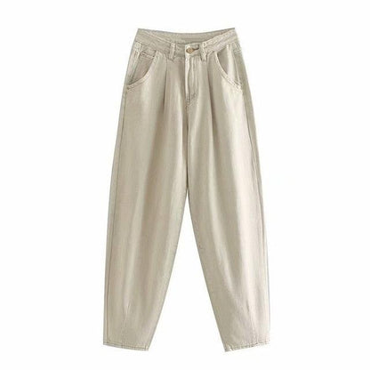 Women Streetwear Pleated Jeans - High Waist Loose Jeans - Pockets Pants (D21)(TB6)