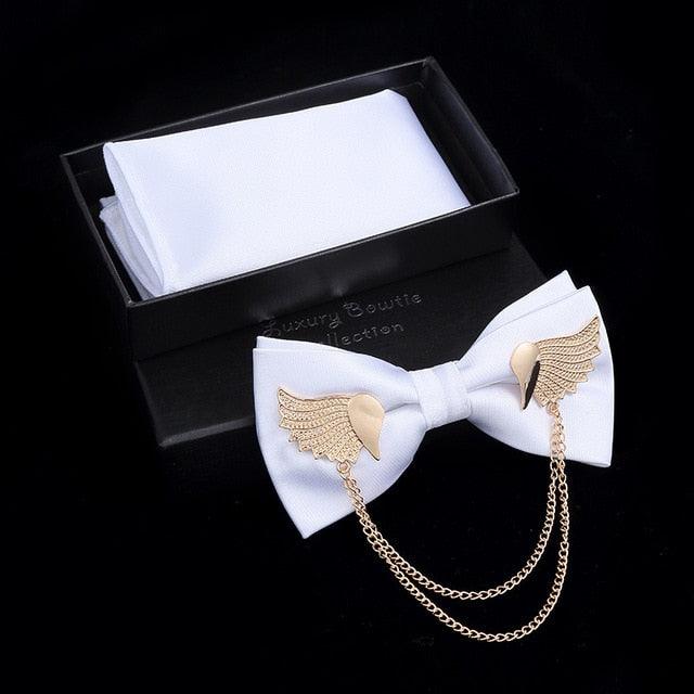 Adjustable Men's Bow Tie - Metal Wing Bowtie Pocket Square Towel Handkerchief Gift Set (MA2)(F17)