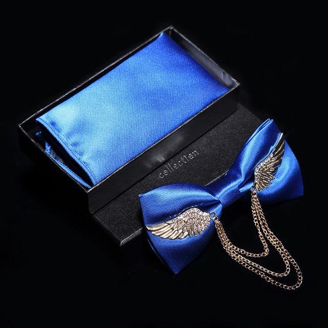 Adjustable Men's Bow Tie - Metal Wing Bowtie Pocket Square Towel Handkerchief Gift Set (MA2)(F17)