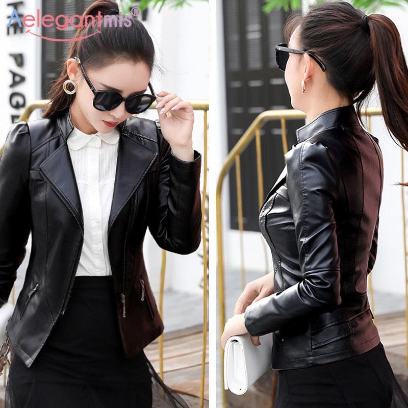 New Faux Leather Jacket - Women Slim PU Moto Biker Jacket Coat - Autumn Winter Lady Basic Outerwear (TB8B)(TP4)