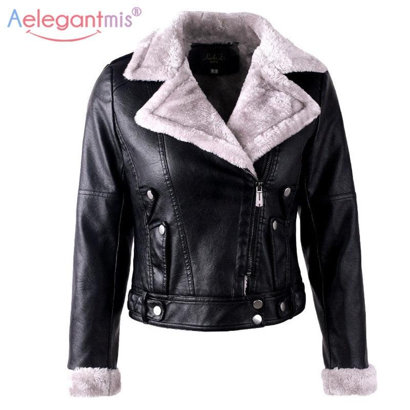 Great Autumn Winter Leather Jacket - Women Faux Fur Coat - Ladies Slim Short Biker Jacket - Warm Plush Outerwear (TB8B)