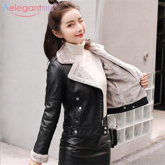 Women Leather Jacket - Autumn Winter Warm Plush Thick Outerwear - Ladies Wool Jackets (TB8B)