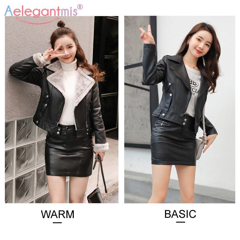 Women Leather Jacket - Autumn Winter Warm Plush Thick Outerwear - Ladies Wool Jackets (TB8B)