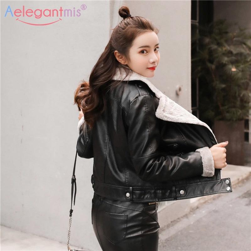 Women Leather Jacket - Autumn Winter Warm Plush Thick Outerwear - Ladies Wool Jackets (TB8B)