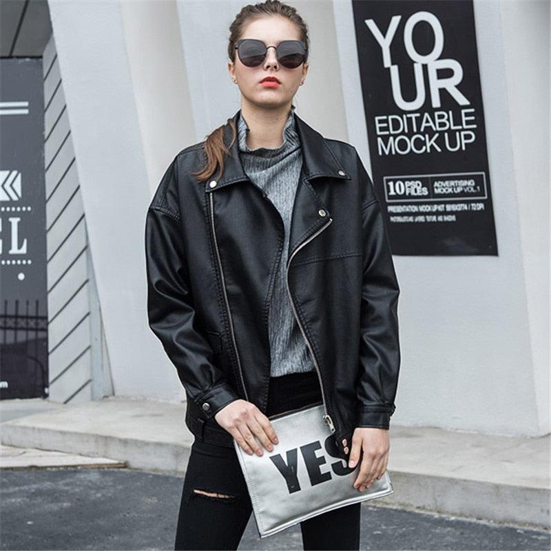 High Quality Faux Leather Jacket - Women Loose Coat - Casual Cool Moto Biker Jacket - Spring Autumn Outerwear Plus Size (TB8B)(F23)