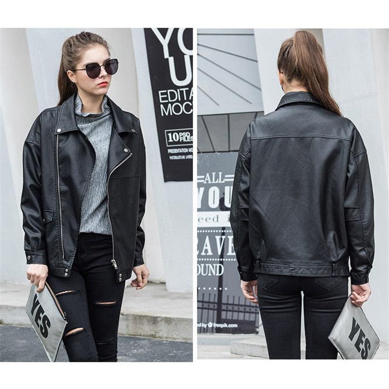 High Quality Faux Leather Jacket - Women Loose Coat - Casual Cool Moto Biker Jacket - Spring Autumn Outerwear Plus Size (TB8B)(F23)
