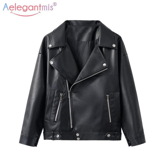 Marvelous Loose PU Faux Leather Jacket - Women Classic Jacket - Spring Autumn Lady Coat - Plus Size Outerwear (TB8B)(F23)