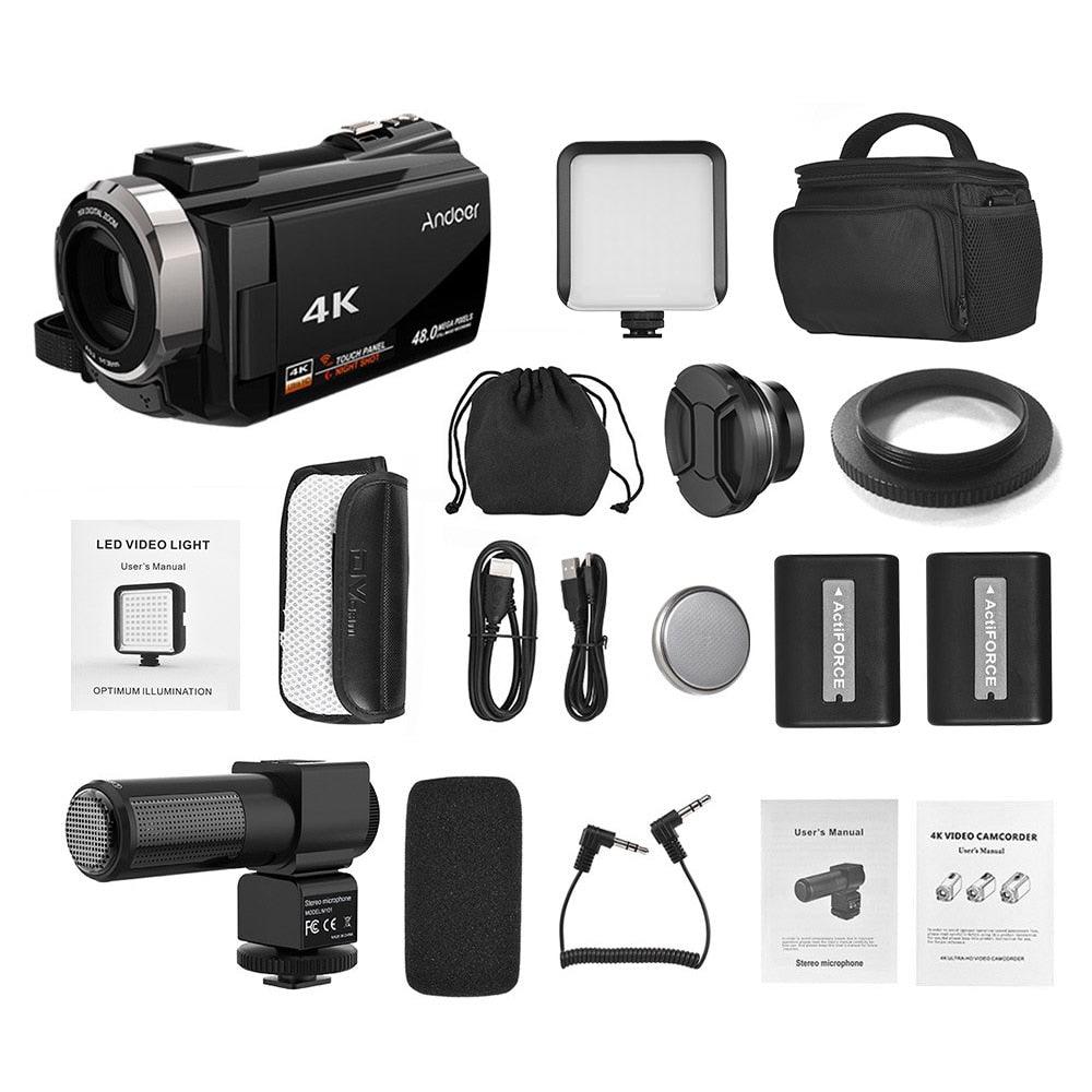Great 4K Camcorder 1080P 48MP WiFi Digital Video Camera with 0.39X Wide Angle Macro Lens+Microphone+LED Video Light+Camera Bag (D54)(MC4)
