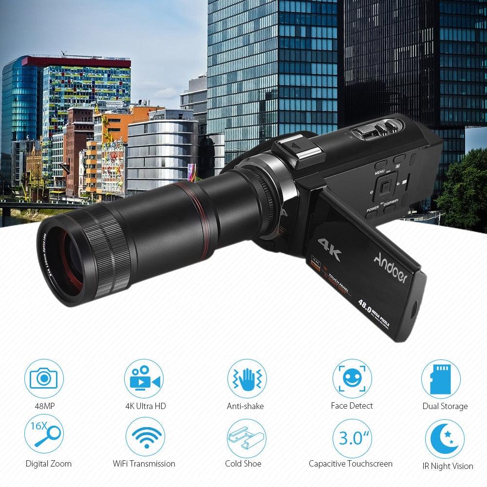 4K HD Digital Video Camera Camcorder DV 16X Digital Zoom 3" WiFi IR Night Vision with 2pcs Batteries + 8X Telephoto Lens (MC4)