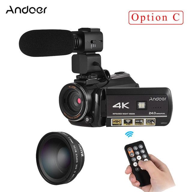 Professional Video Camera 4K Camara Camcorder w/ Extra 0.39X Wide Angle Lens + Lens Hood +External Microphone (MC4)(F54)
