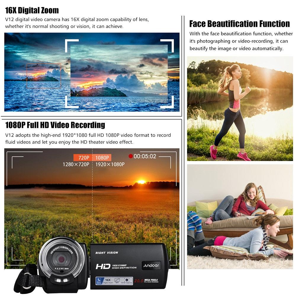 V12 Video Camera 1080P Full HD 16X Digital Zoom Recording Camcorder w/3.0 Inch Rotatable LCD Screen Support Night Vision (MC4)(F54)